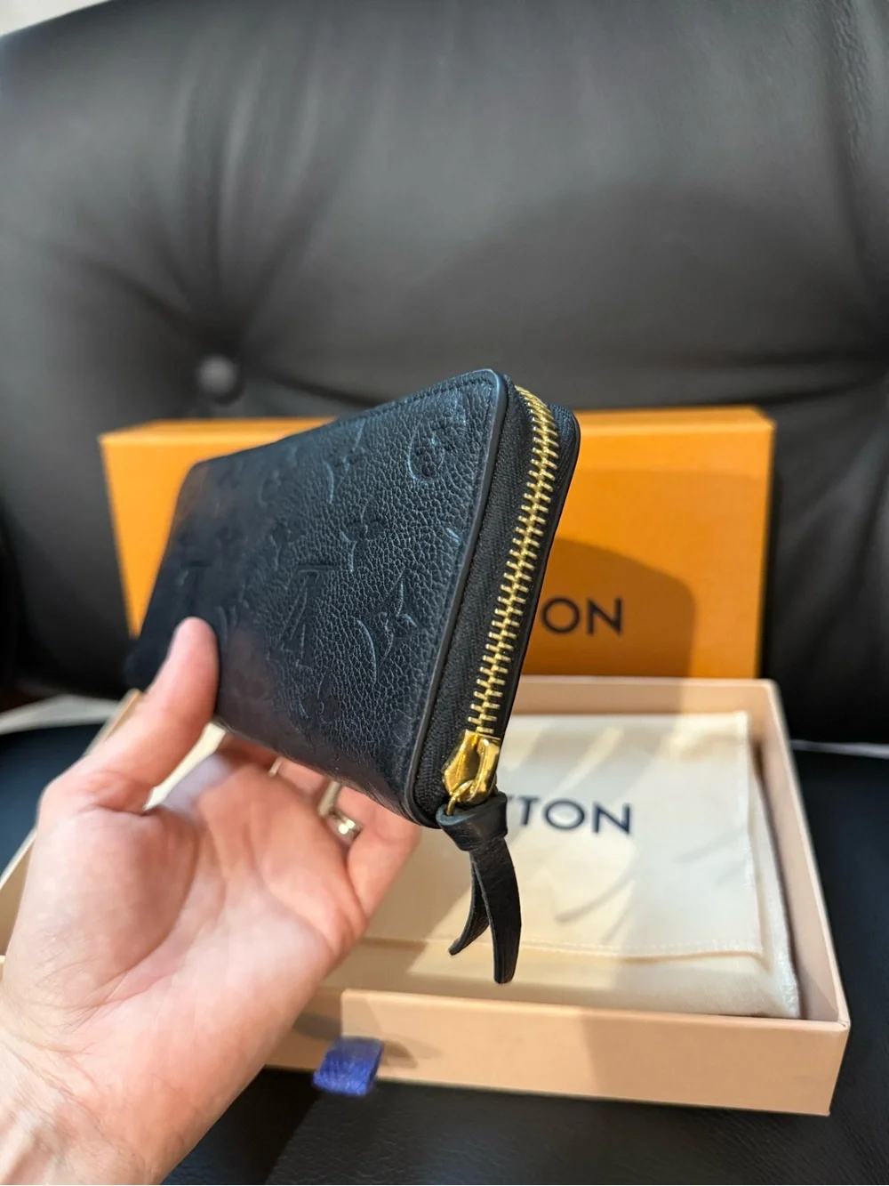 Louis Vuitton Clémence Black Monogram Zip Wallet in Embossed Leather With Box